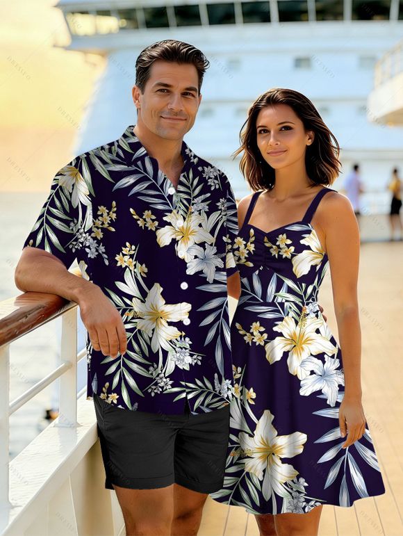 Vacation Couple Outfit Flower Leaf Print Ruched Dress and Shirt Set - Bleu de Minuit S | US 4