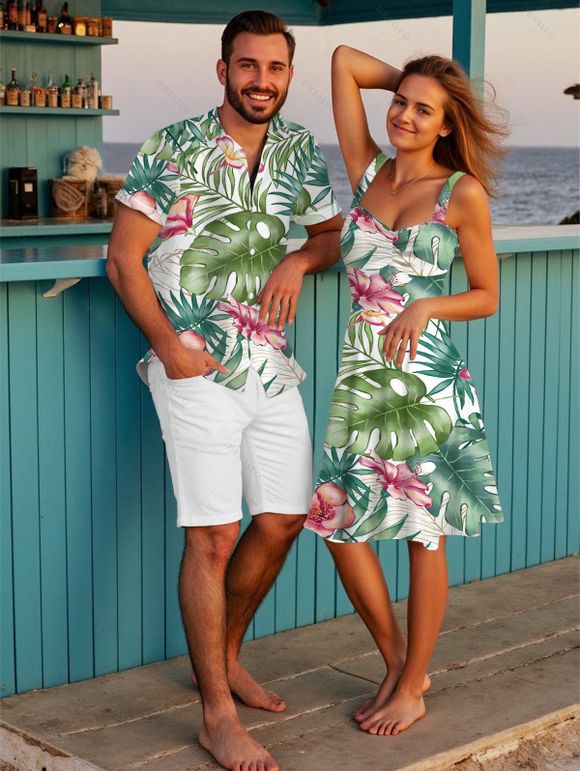 Vacation Couple Outfit Tropical Jungle Floral Leaf Print Print Ruched Dress and Shirt Set - PLANT GREEN S | US 4