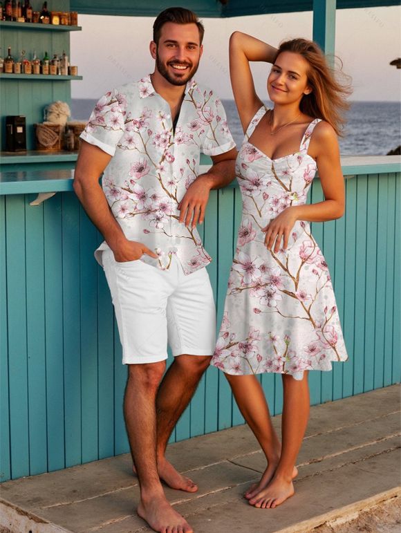 Vacation Couple Outfit Peach Blossom Print Ruched Dress and Shirt Set - Rose clair S | US 4