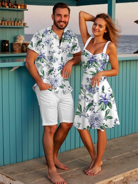 Couple Outfit for Vacation Floral Leaf Botanical Print Ruched Dress and Shirt Set - Blanc S | US 4
