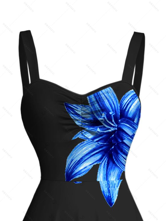 Robe de vacances mini froncée à imprimé lys - Noir XXXXXL | US 20