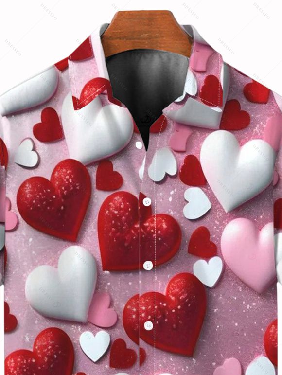 Chemise homme pour la Saint-Valentin, imprimé cœurs colorés brillants, boutonnée - Rose clair 5XL