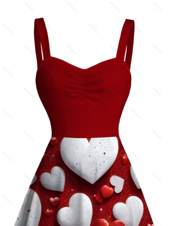 Valentine's Day Couple Outfit Bicolor Heart Print Ruched Dress and Shirt Set - Rouge Cerise S | US 4