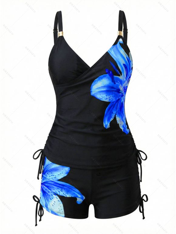 Vacation Outfit Flower Print Ruched Mini Dress and Tankini Swimsuit Set - Noir S | US 4