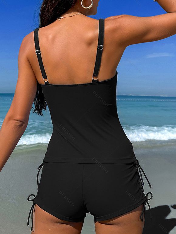 Vacation Outfit Flower Print Ruched Mini Dress and Tankini Swimsuit Set - Noir S | US 4