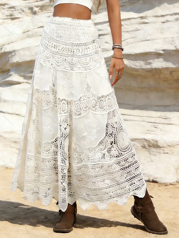 Jupe longue bohème de plage style ethnique ajourée en crochet trapèze - Blanc de Crème ONE SIZE