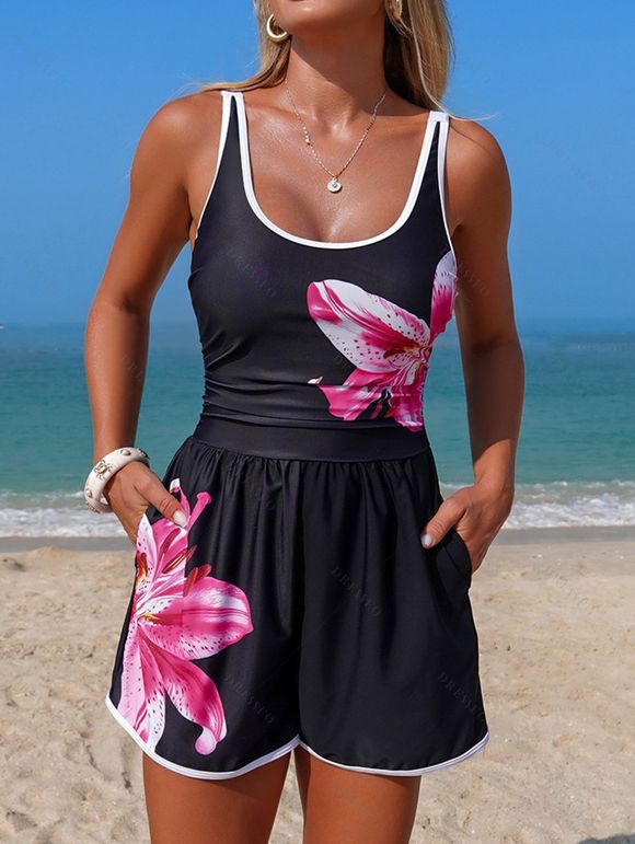 Maillot de bain de plage gainant à imprimé floral, shorty rembourré - Noir XXL | US 12