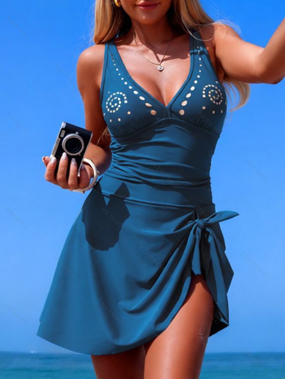 Maillot de bain une pièce de plage à motif géométrique tourbillonnant, ajouré, nœud papillon et fente - Bleu profond S | US 4