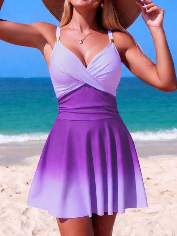 Maillot de bain une pièce de plage à imprimé ombré croisé froncé - Pourpre XXL | US 12