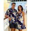 Vacation Couple Outfit Flower Leaf Print Ruched Dress and Shirt Set - Bleu de Minuit S | US 4