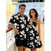Vacation Couple Outfit Flower Petal Print Ruched Dress and Shirt Set - Noir S | US 4