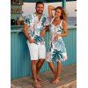 Vacation Couple Outfit Watercolor Floral Leaf Print Ruched Dress and Shirt Set - Blanc S | US 4