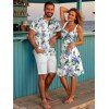 Couple Outfit for Vacation Floral Leaf Botanical Print Ruched Dress and Shirt Set - Blanc S | US 4