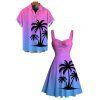 Beach Couple Outfit Coconut Tree Print Ombre Ruched Dress and Shirt Set - multicolor S | US 4