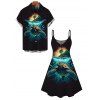 Vacation Couple Outfit Turtle Beach Landscape Print Dress and Shirt Set - Noir S | US 4