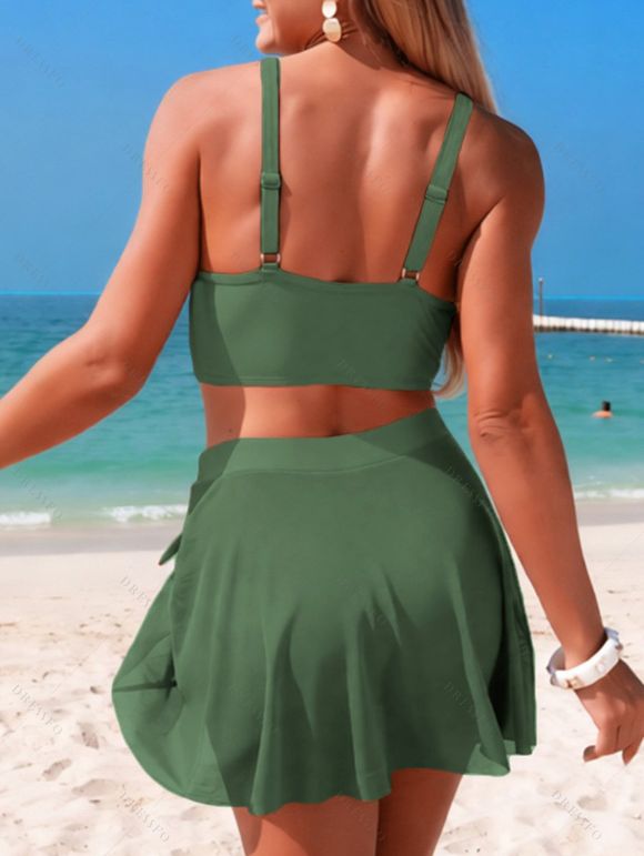 Maillot de bain tankini de plage uni avec jupe à nœud papillon torsadé, maillot de bain de vacances - Vert profond XXL | US 12