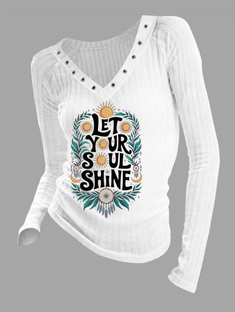 Haut à manches longues imprimé feuille de lettre soleil attrape-rêves et œillets texturé