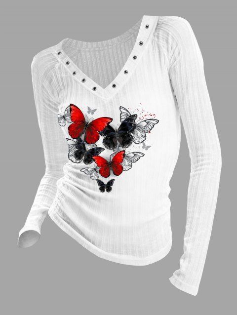 Haut décontracté à manches longues, imprimé papillon, col en V à œillets