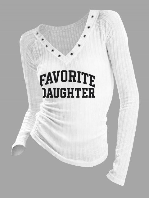 Haut décontracté à imprimé lettres texturé, col en V et manches longues