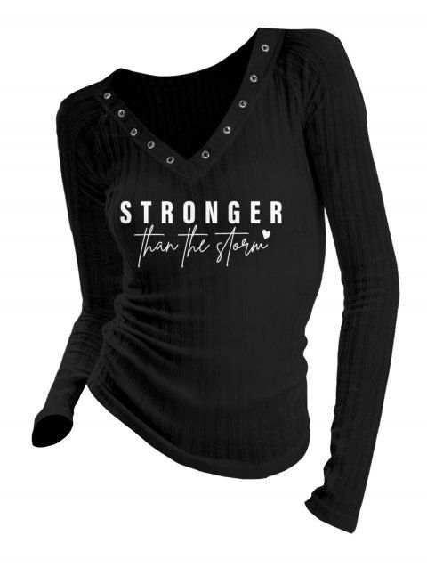 Haut décontracté à manches longues, imprimé cœur et lettres, col en V texturé à œillets