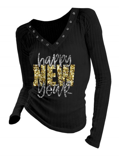 Haut à manches longues texturé à imprimé lettres sequinées pour le Nouvel An et œillets