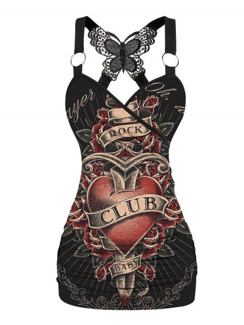 Débardeur gothique imprimé cœur et lettres, papillon, dentelle, cache-cœur