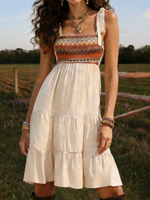 Robe de vacances à imprimé ethnique en zigzag, robe à volants avec nœud papillon