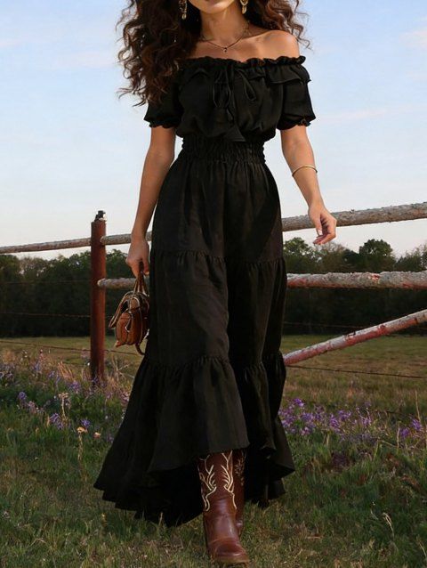 Robe de vacances unie à volants, épaules dénudées et manches bouffantes