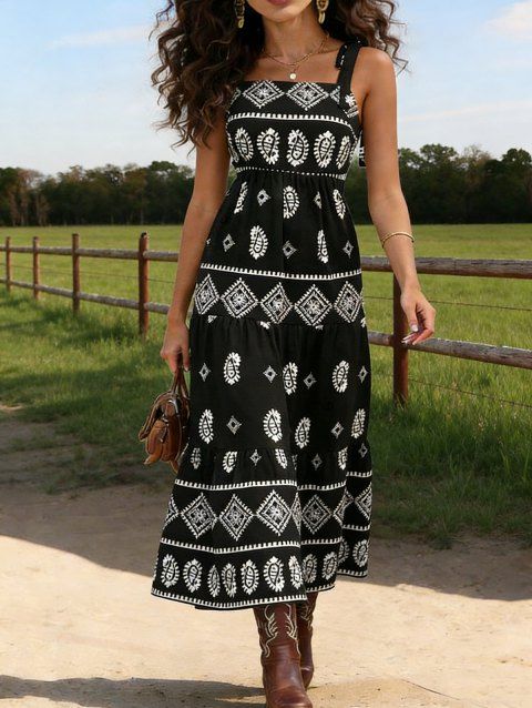 Robe ethnique à imprimé géométrique et nœud papillon, robe de vacances