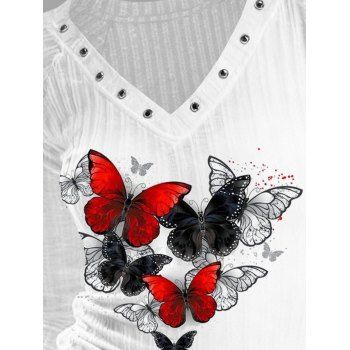 Casual Long Sleeve Top Butterfly Print Grommet V Neck Top