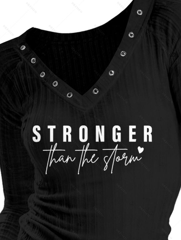 Haut décontracté à manches longues, imprimé cœur et lettres, col en V texturé à œillets - Noir XXL | US 14