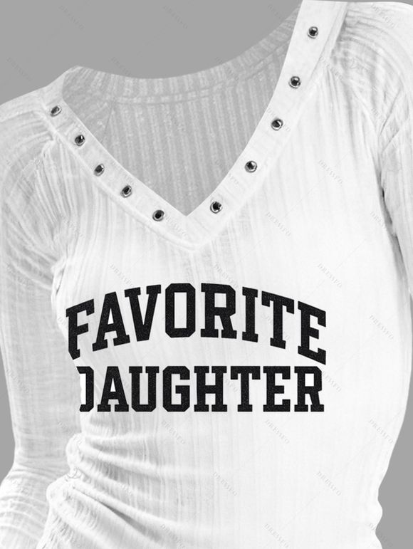 Haut décontracté à imprimé lettres texturé, col en V et manches longues - Blanc XXL | US 14