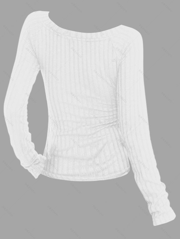 Haut décontracté à manches longues, imprimé papillon, col en V à œillets - Blanc XXL | US 14