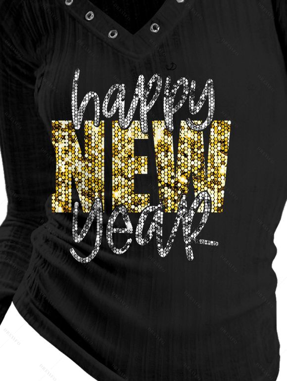 Haut à manches longues texturé à imprimé lettres sequinées pour le Nouvel An et œillets - Noir XXL | US 14
