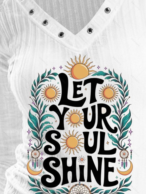 Haut à manches longues imprimé feuille de lettre soleil attrape-rêves et œillets texturé - Blanc XXL | US 14