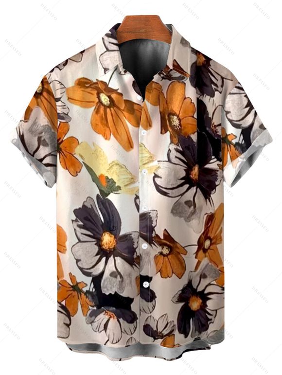 Vacation Couple Outfit Colored Flower Print Ruched Dress and Shirt Set - multicolor A S | US 4