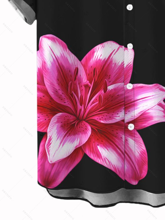 Chemise de vacances pour homme, chemise boutonnée à imprimé lys - Rouge Rose 5XL