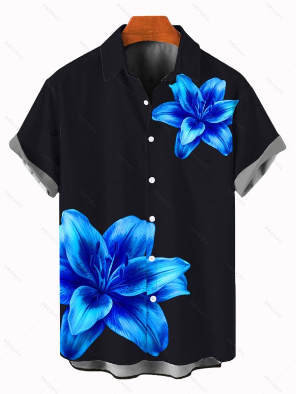 Vacation Couple Outfit Lily Floral Print Cinched Boyshorts Swimsuit and Shirt Shorts Set - Bleu S | US 4