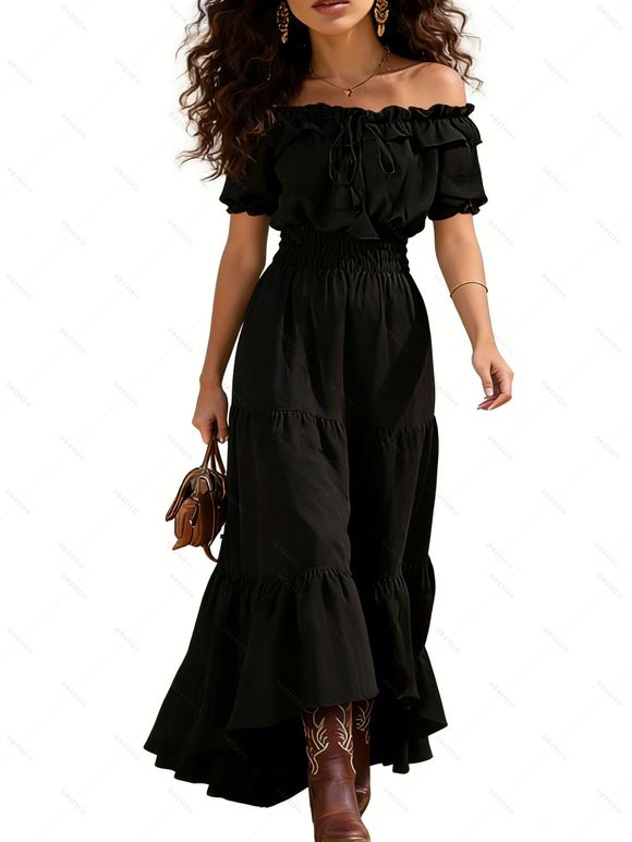 Robe de vacances unie à volants, épaules dénudées et manches bouffantes - Noir XL | US 10