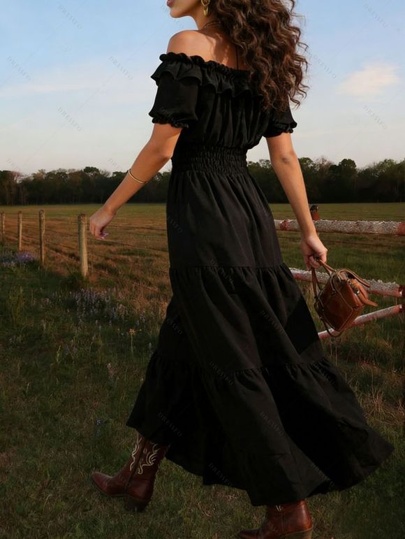 Robe de vacances unie à volants, épaules dénudées et manches bouffantes - Noir XL | US 10