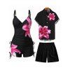 Vacation Couple Outfit Lily Floral Print Cinched Boyshorts Swimsuit and Shirt Shorts Set - Rose S | US 4