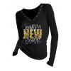 Haut à manches longues texturé à imprimé lettres sequinées pour le Nouvel An et œillets - Noir XXL | US 14