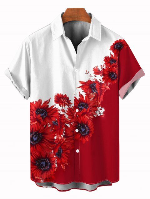 Chemise de vacances pour homme, chemise boutonnée à imprimé tournesol contrasté