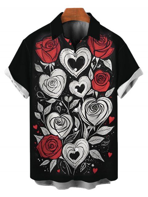 Chemise homme pour la Saint-Valentin, imprimé cœur, rose et feuille, boutonnée