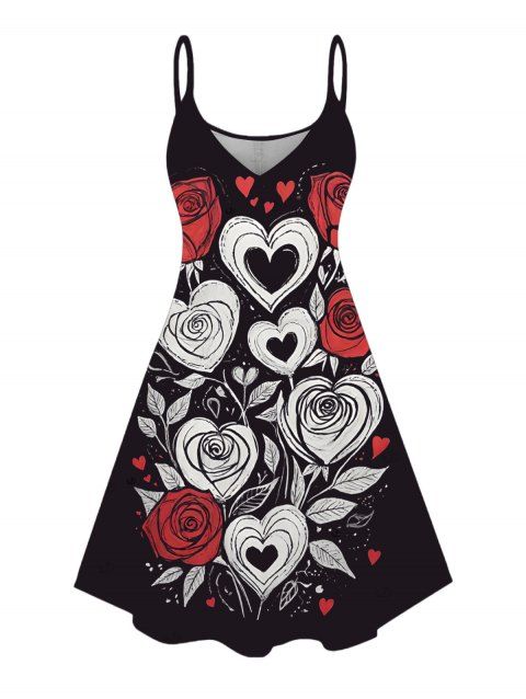 Robe de Saint-Valentin à imprimé cœur, rose et feuilles, bretelles spaghetti