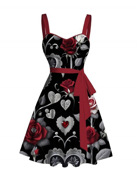 Robe de Saint-Valentin à imprimé rose, feuille et cœur, ceinture froncée