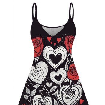 Valentine's Day Dress Heart Rose Leaf Print Spaghetti Strap Dress