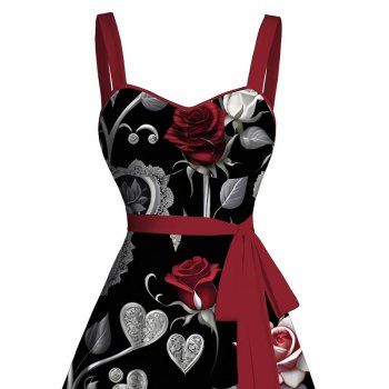 Valentine's Day Dress Rose Leaf Heart Print Ruched Belt Dress
