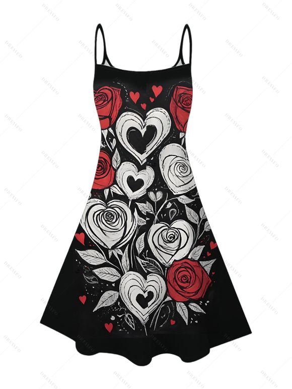 Robe de Saint-Valentin à imprimé cœur, rose et feuilles, bretelles spaghetti - Noir XXXXXL | US 20