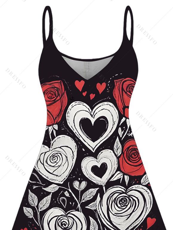 Robe de Saint-Valentin à imprimé cœur, rose et feuilles, bretelles spaghetti - Noir XXXXXL | US 20